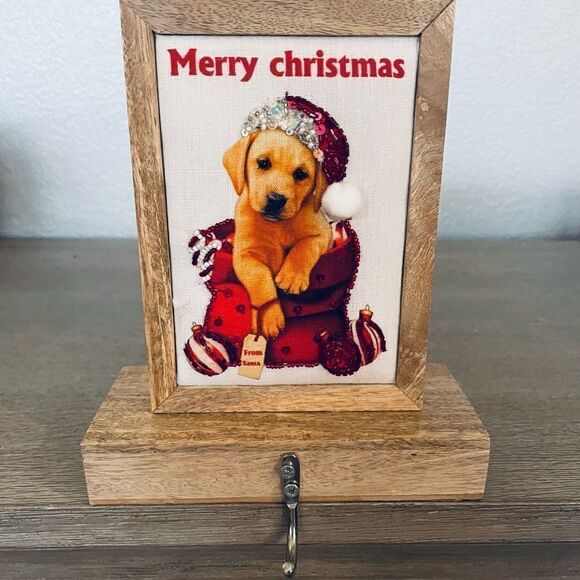 Christmas Puppy Boho Wood Stocking Hanger Hook - Picture 1 of 3